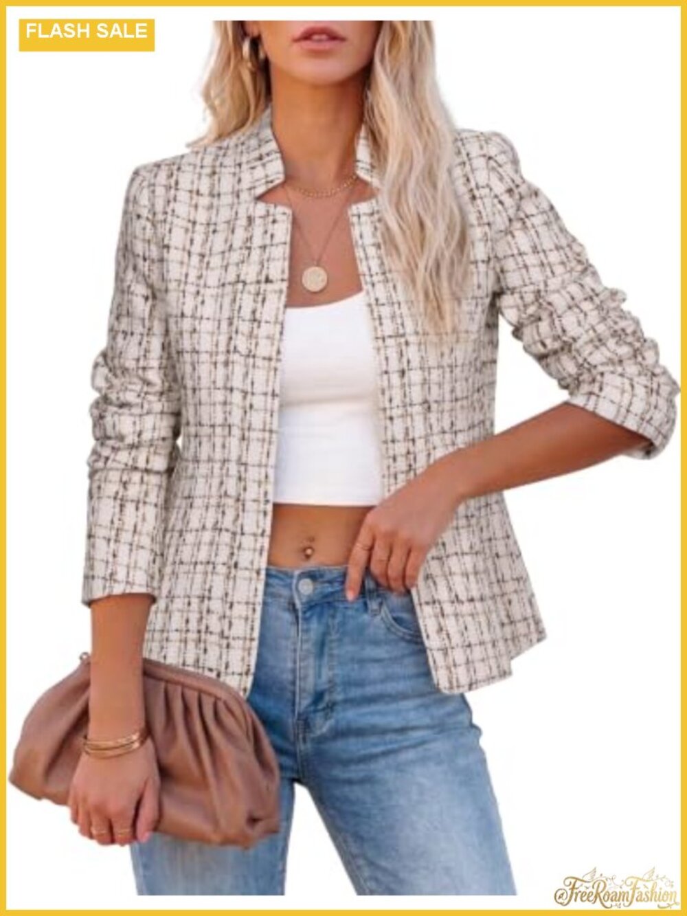 Women's Tweed Plaid Blazer Notch Collar Tailored Suit Jacket Long Sleeve